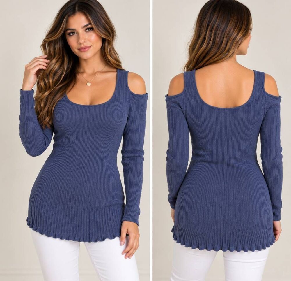 Chico's ribbed cold-shoulder knit top in indigo blue with a scoop neckline and r